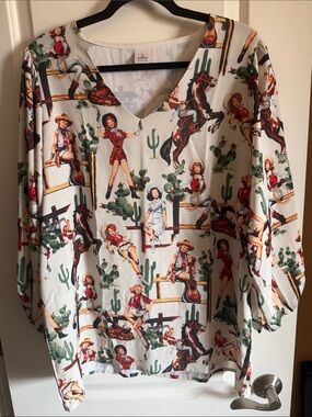 Western Print V-Neck Top